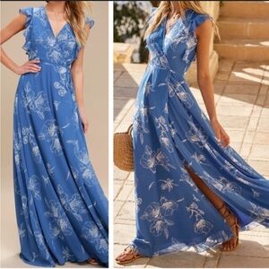 Lulu's Blue and White Wrap Maxi Gown